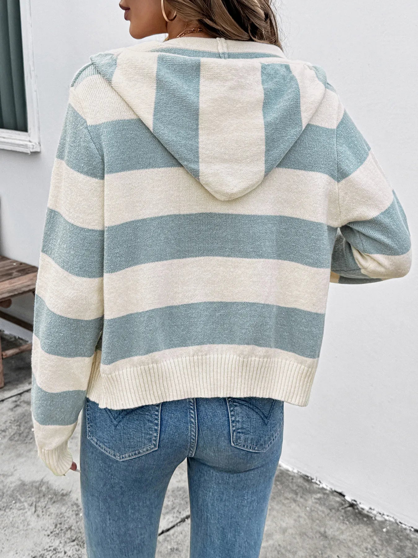 Drawstring Zip Up Striped Cardigan - Fashorio