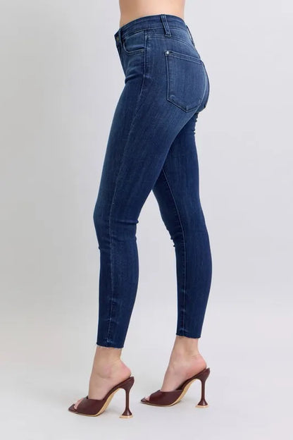 Judy Blue Plus Size Mid Rise Skinny Jeans – Raw Hem Denim - Fashorio
