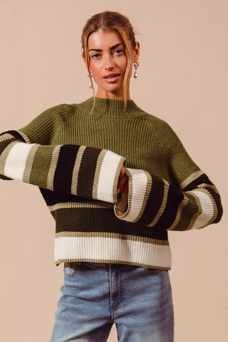 Multi Color Striped Mock Neck Sweater in Olive
