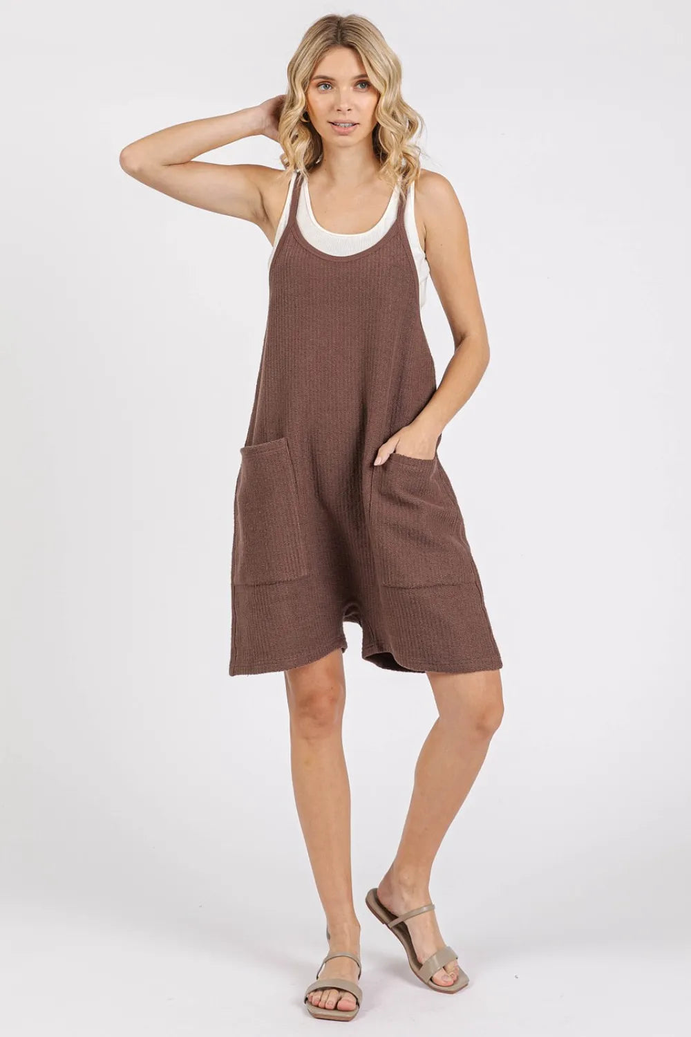 Brown scoop neck overalls back view