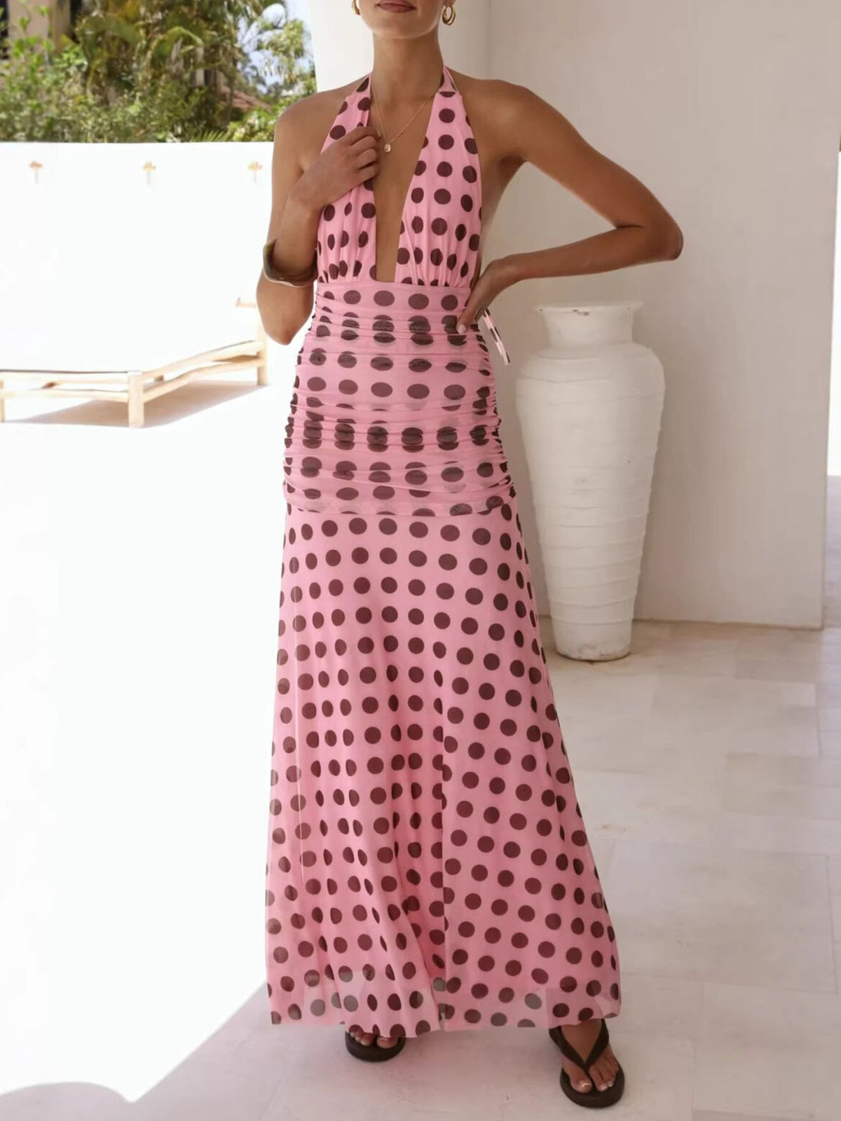 polka dot halter neck ruched maxi dress styled outfit view
