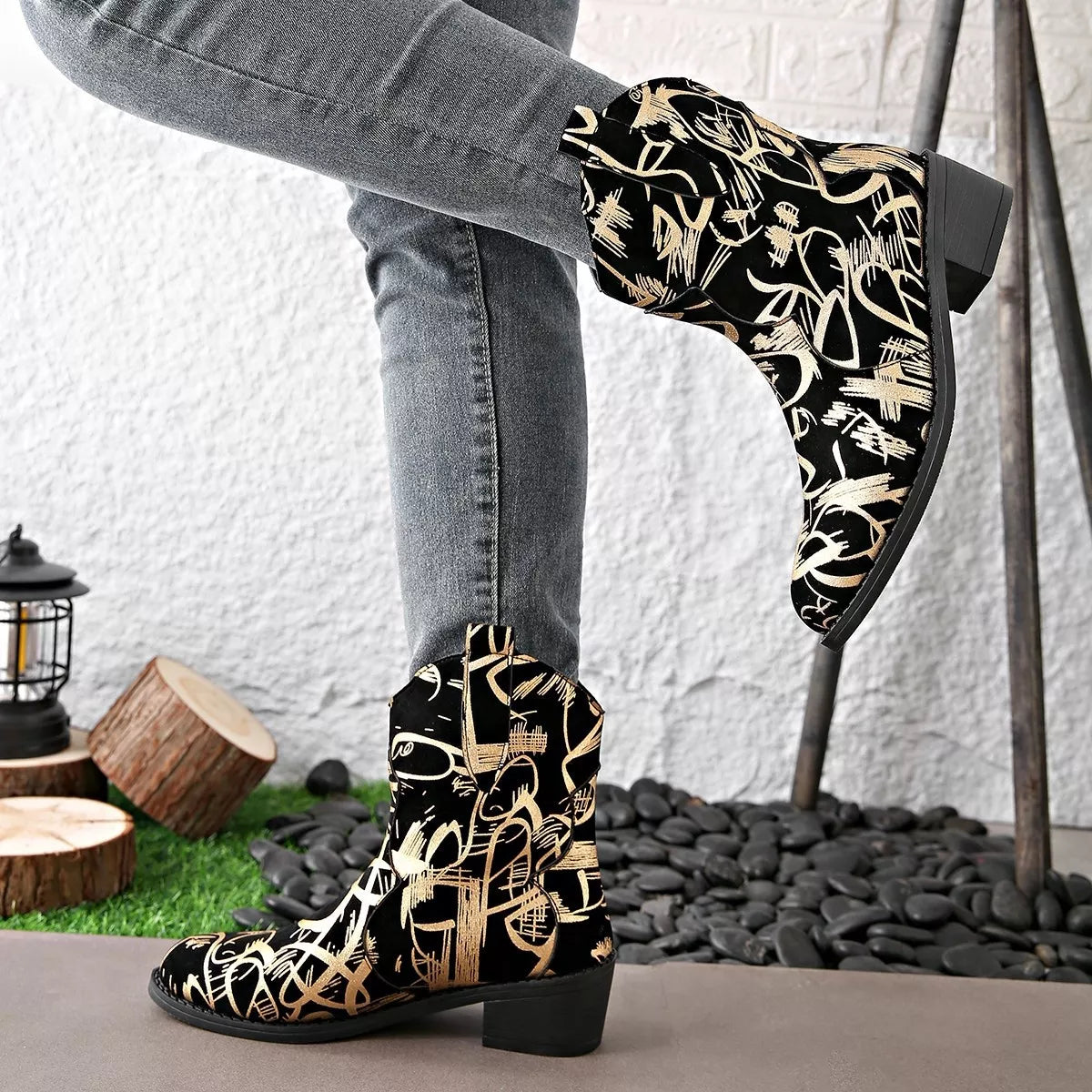 Black suede block heel boots back of the shaft