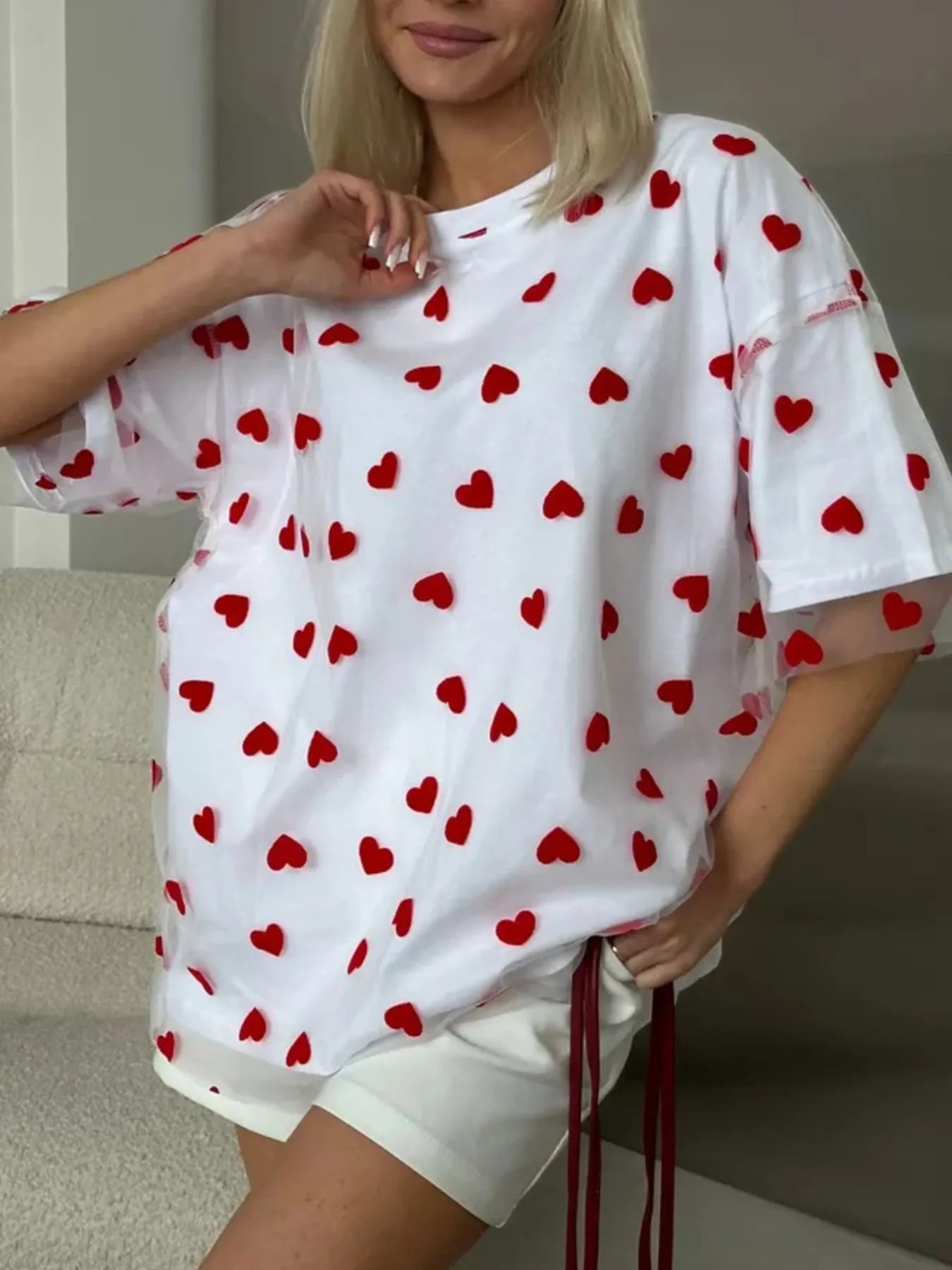 Heart Print Oversized T-Shirt - Fashorio