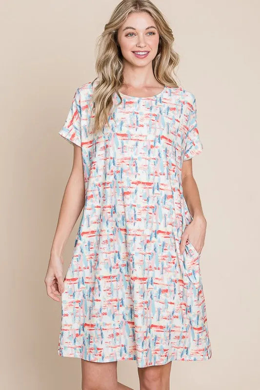 Printed Round Neck Short Sleeve Tee Dress back view