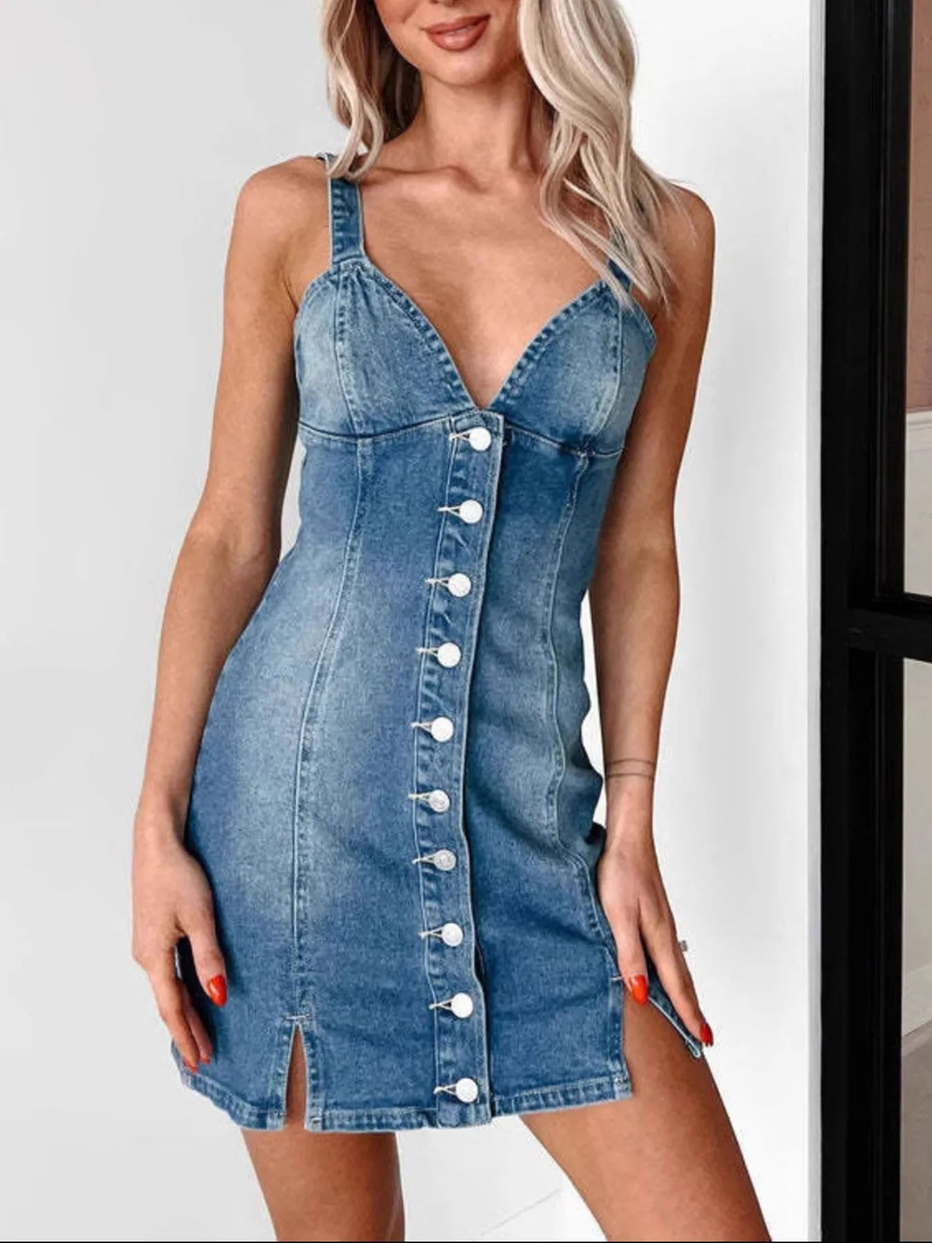 Button Front Sweetheart Neck Denim Mini Dress - Fashorio
