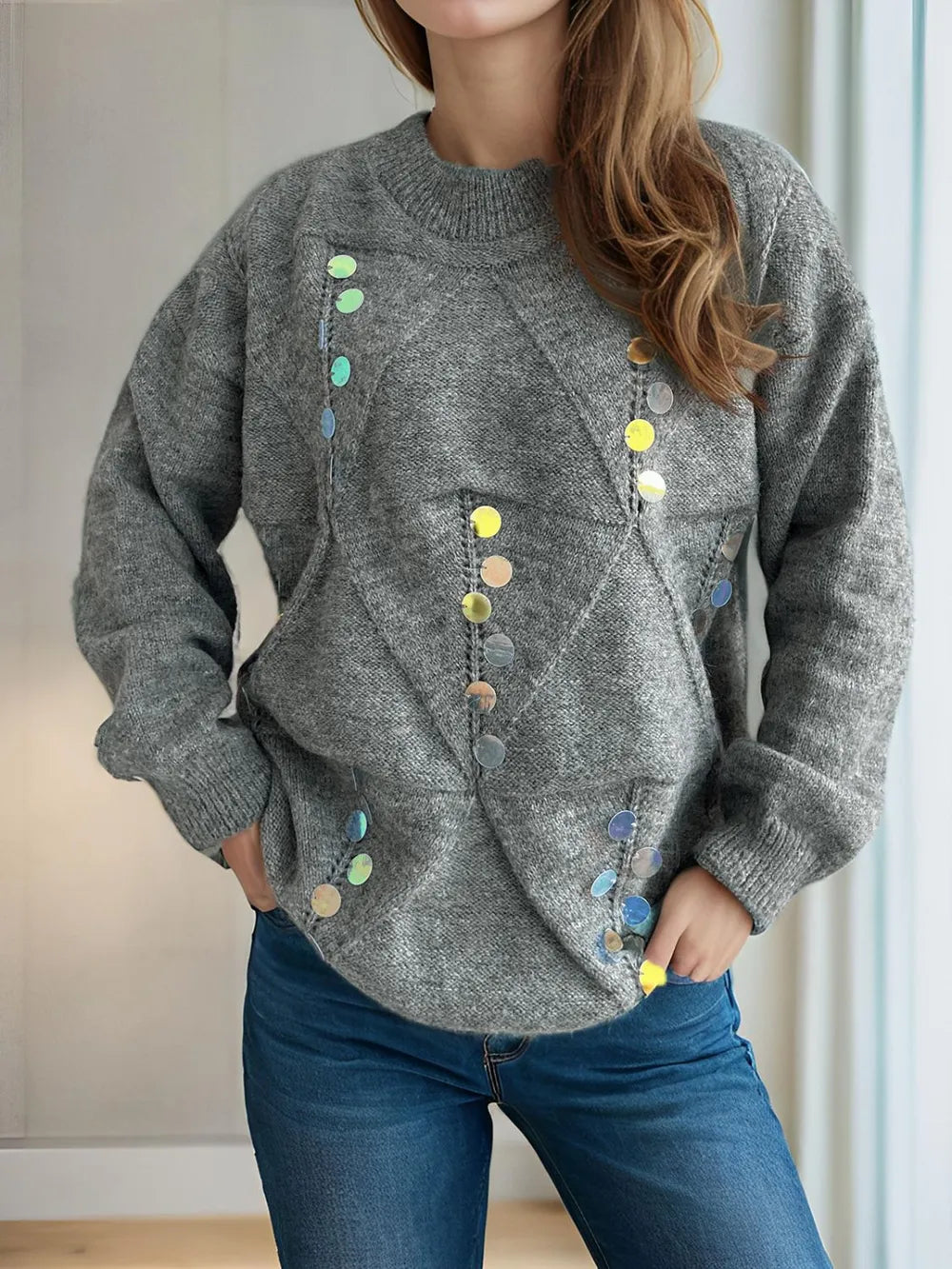 Sequin Mock Neck Long Sleeve Sweater back view