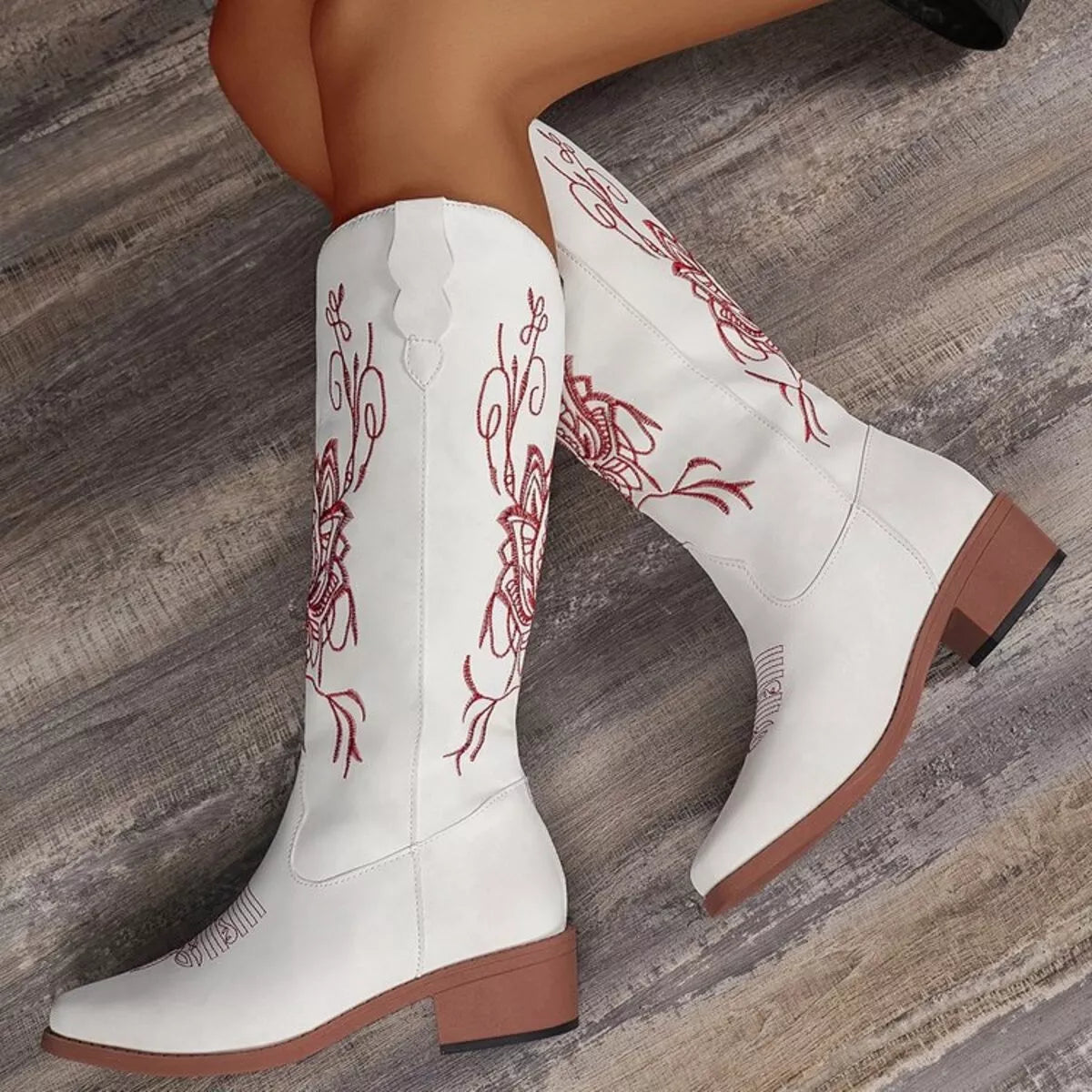 Embroidered western block heel boots shaft detail
