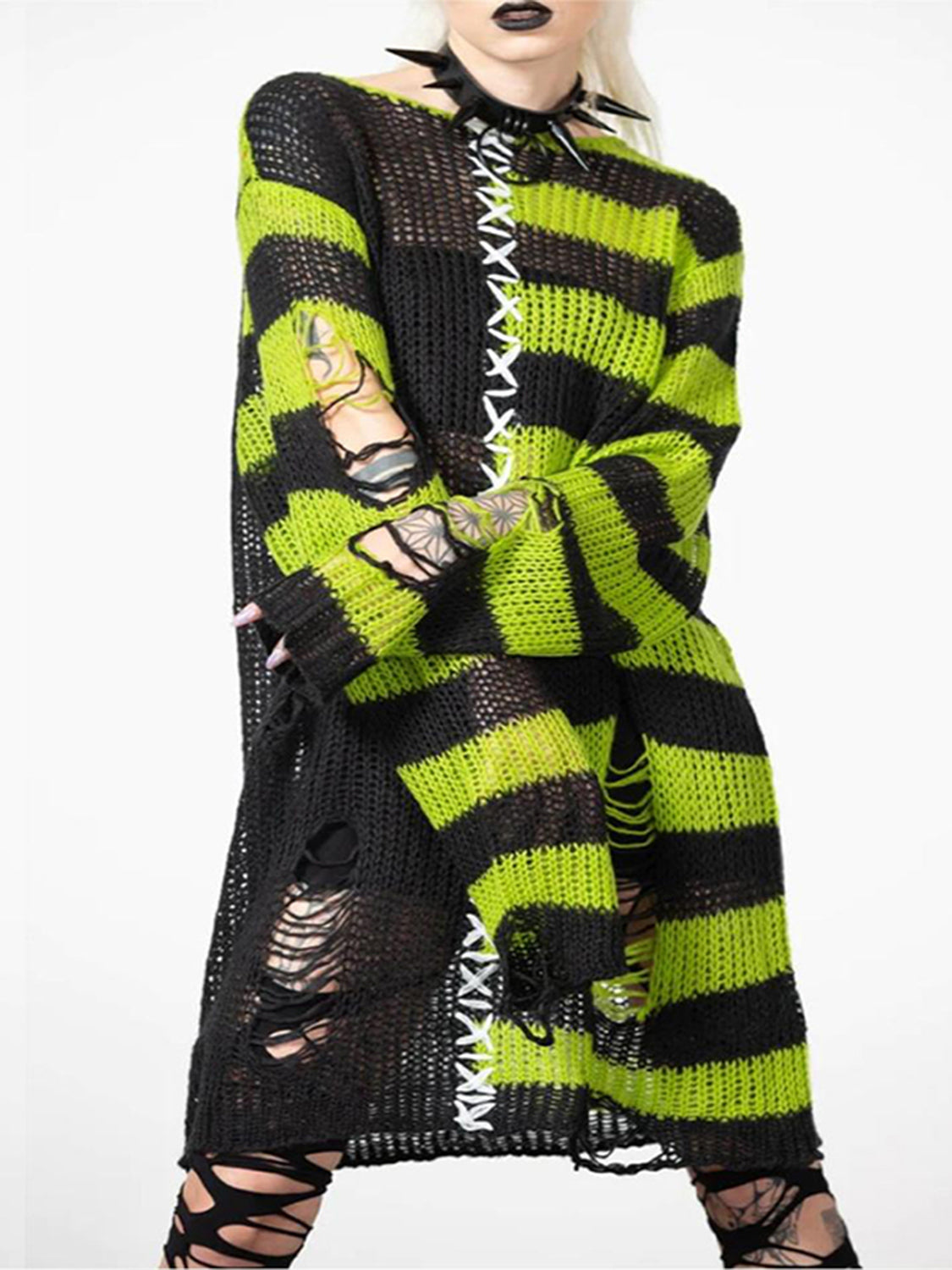 Striped Distressed Tunic Sweater Black - Fashorio