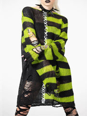 Striped Distressed Tunic Sweater Black - Fashorio