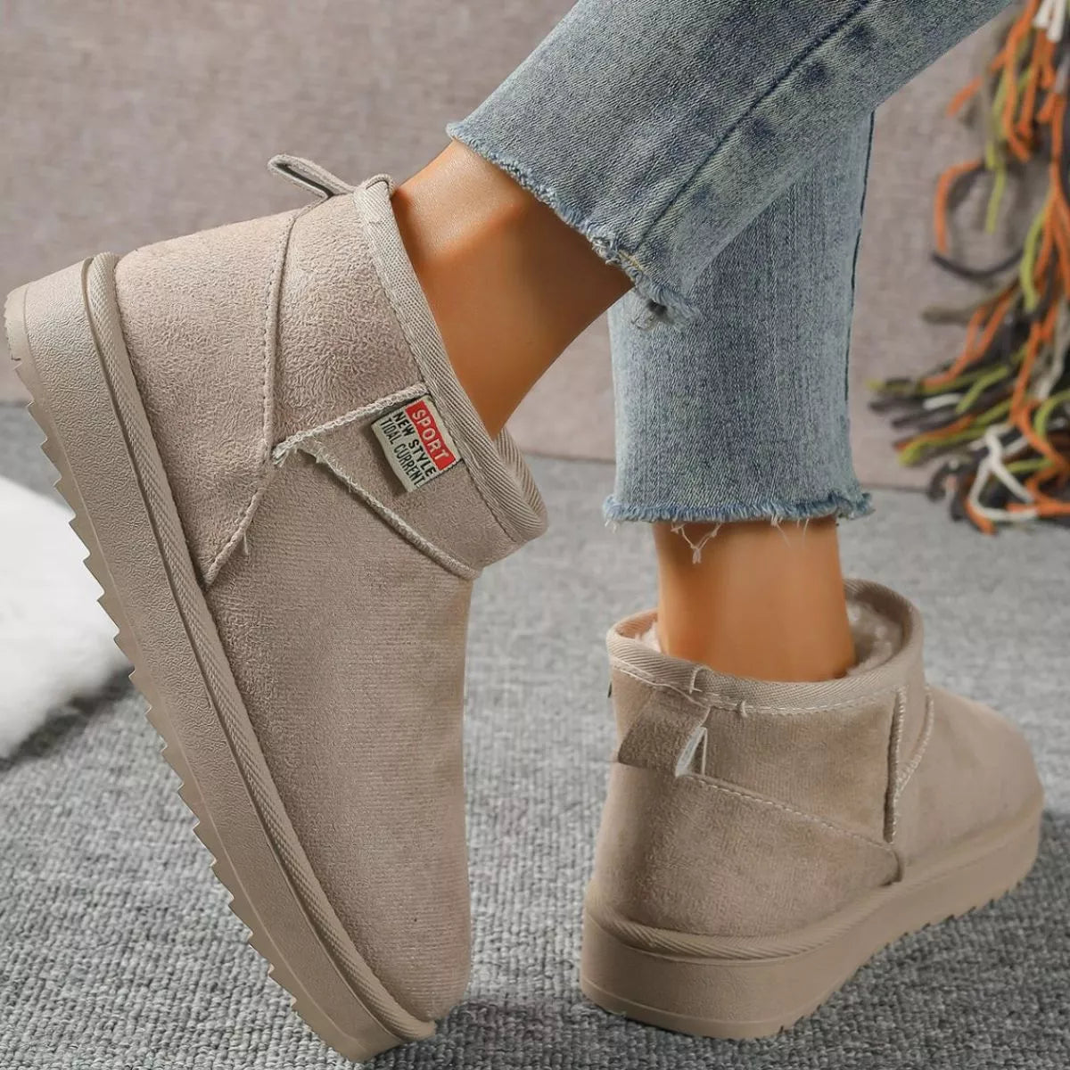 Black round toe platform boots worn on model