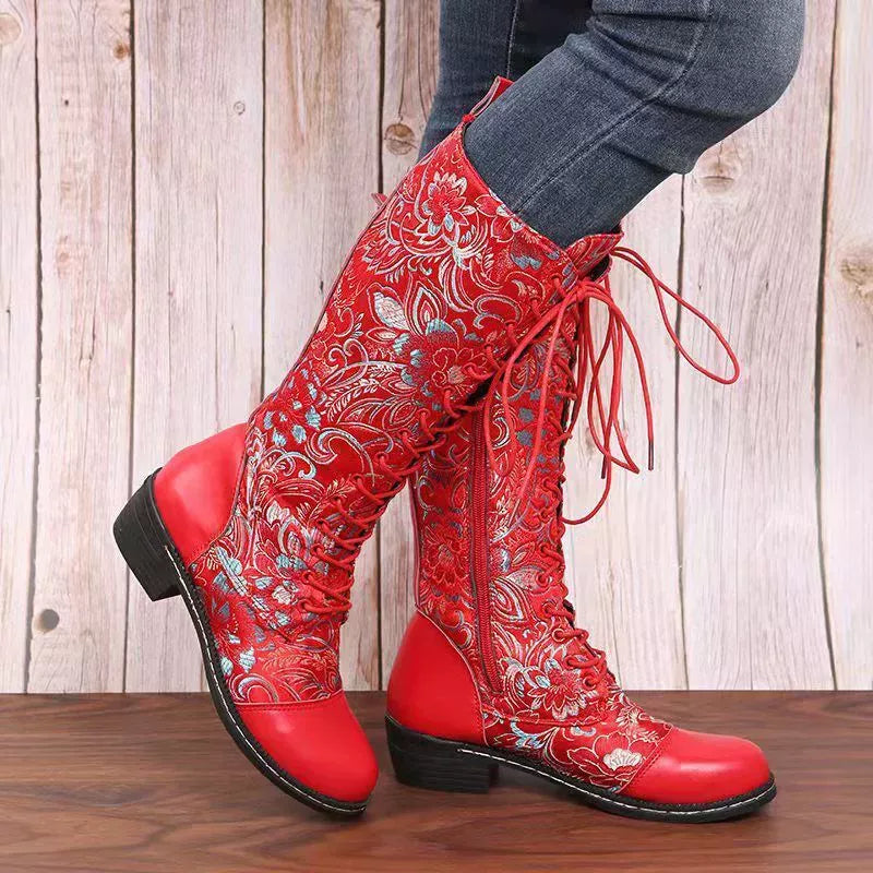 Embroidered Lace Up Block Heel Boots front view