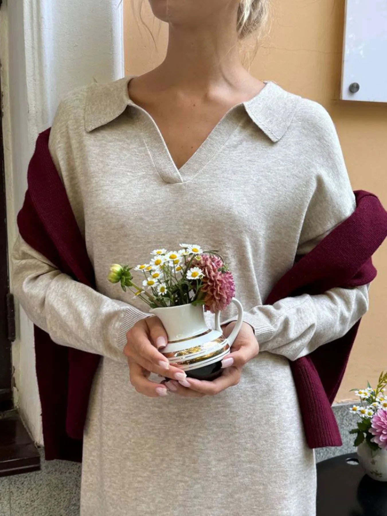 Long Sleeve Collared Neck Knit Dress - Fashorio
