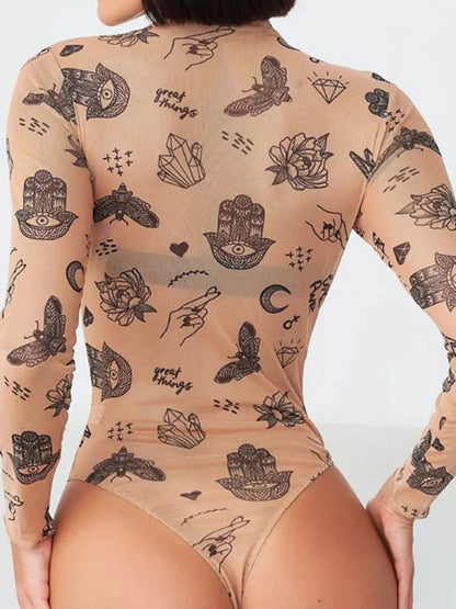 Printed Mock Neck Long Sleeve Bodysuit - Fashorio