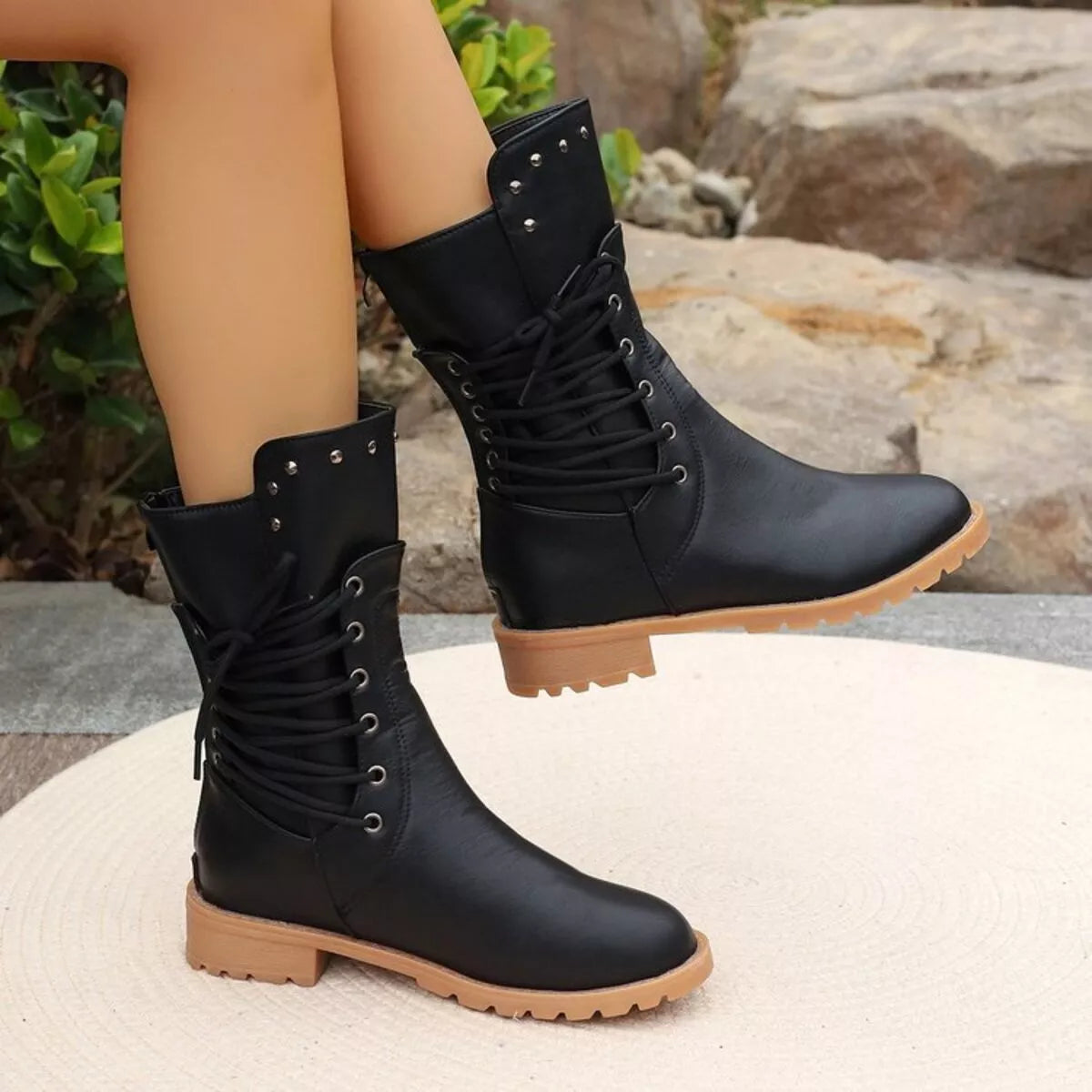 Studded Lace Up Ankle Boots heel and sole detail