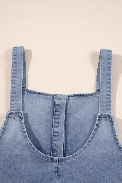 Wide Strap Denim Overalls with Pockets - Fashorio