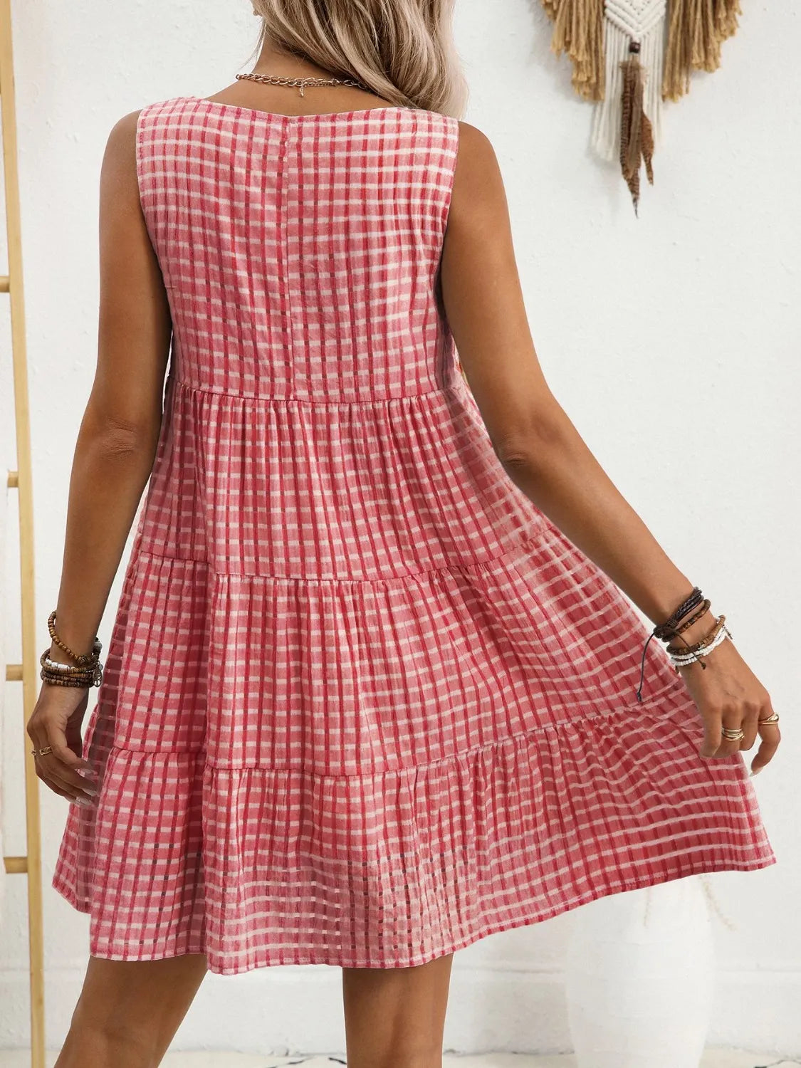 Plaid Round Neck Sleeveless Mini Dress in Light Blue view 14