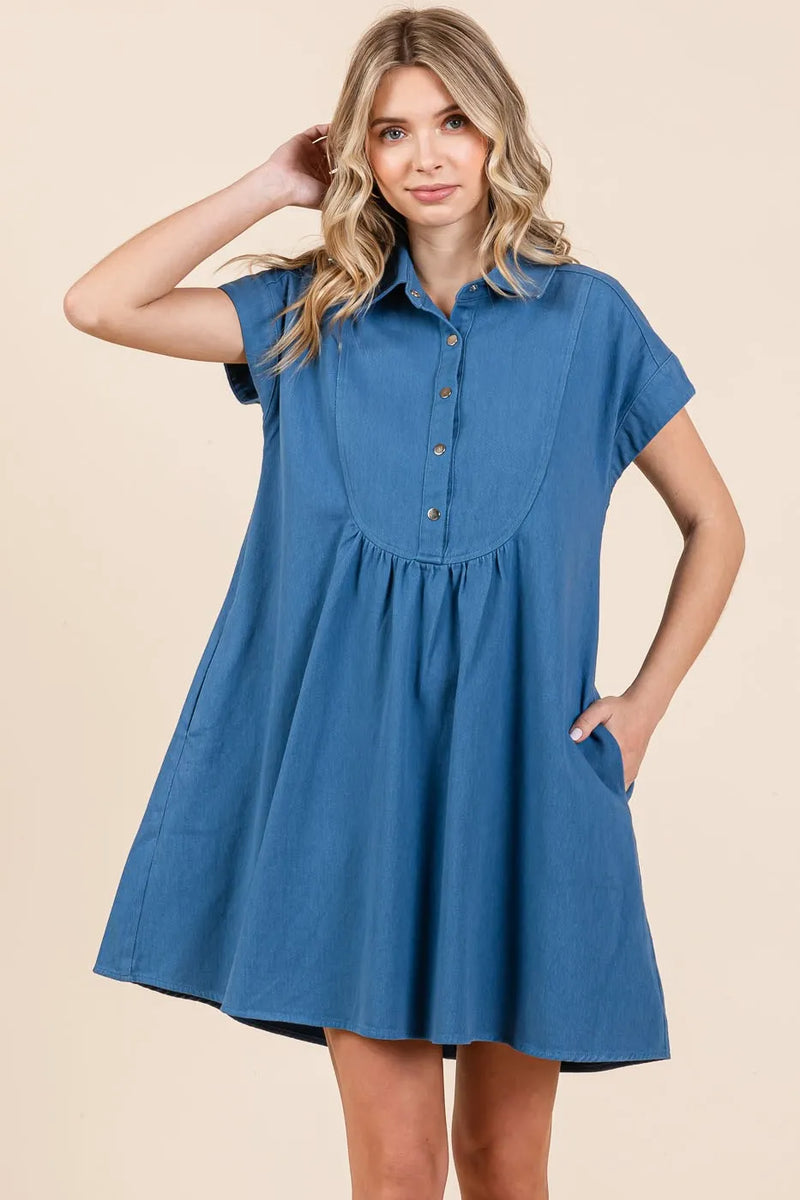 Twill Short Sleeve Collared Mini Dress