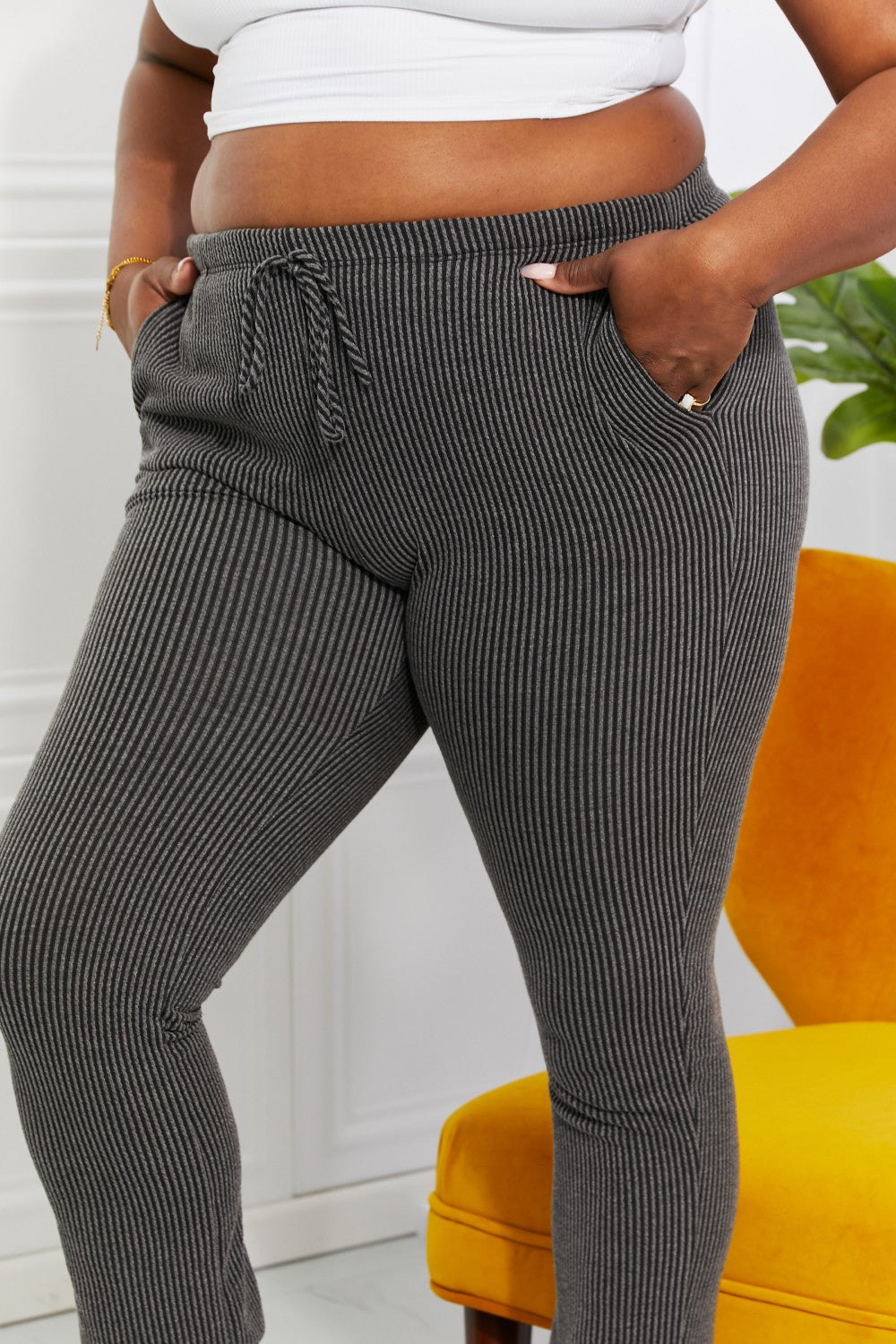 Ribbed knit texture close up of the joggers