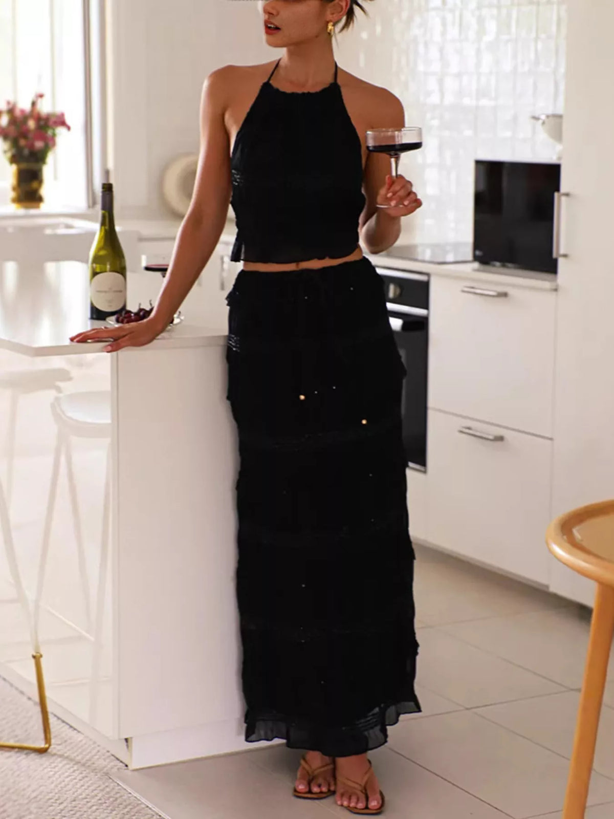 Sleeveless top and maxi skirt full length