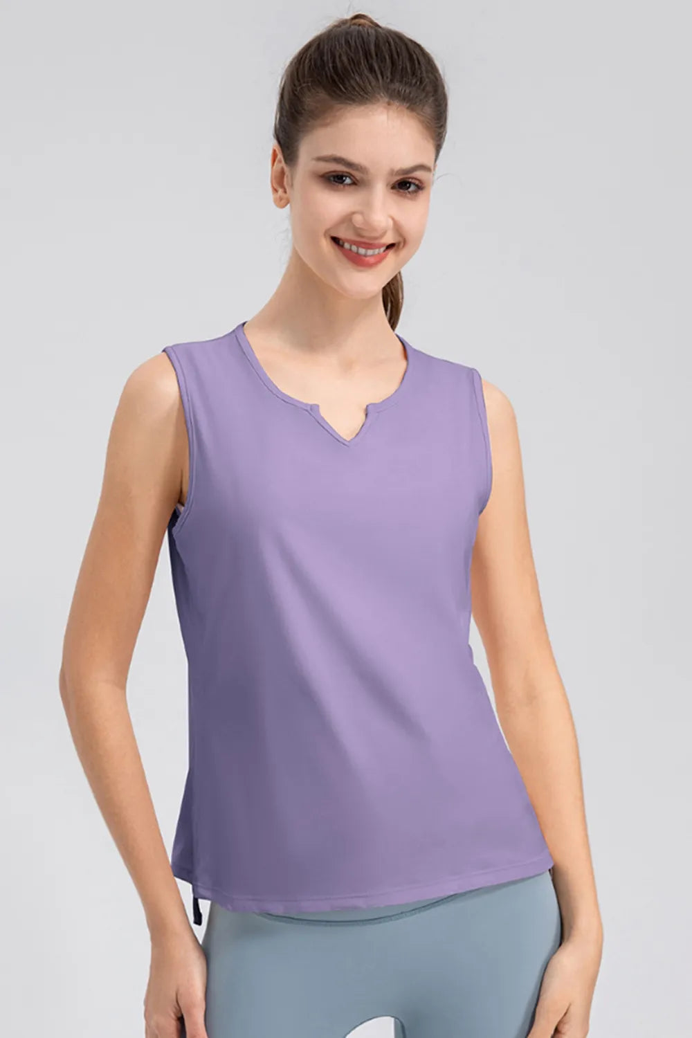 Notched neck wide strap active tank front view