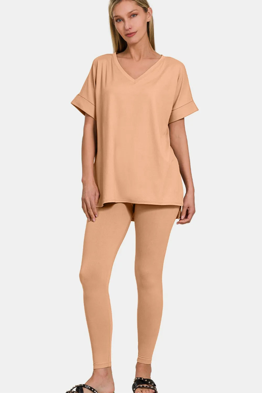 Zenana Full Size V-Neck Rolled Short Sleeve T-Shirt and Leggings Lounge Set - Fashorio