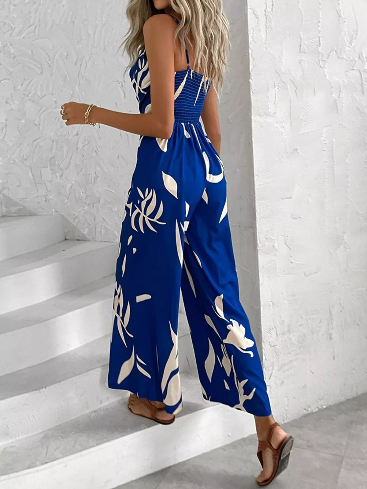 Wide leg spaghetti strap jumpsuit in solid colour full length view