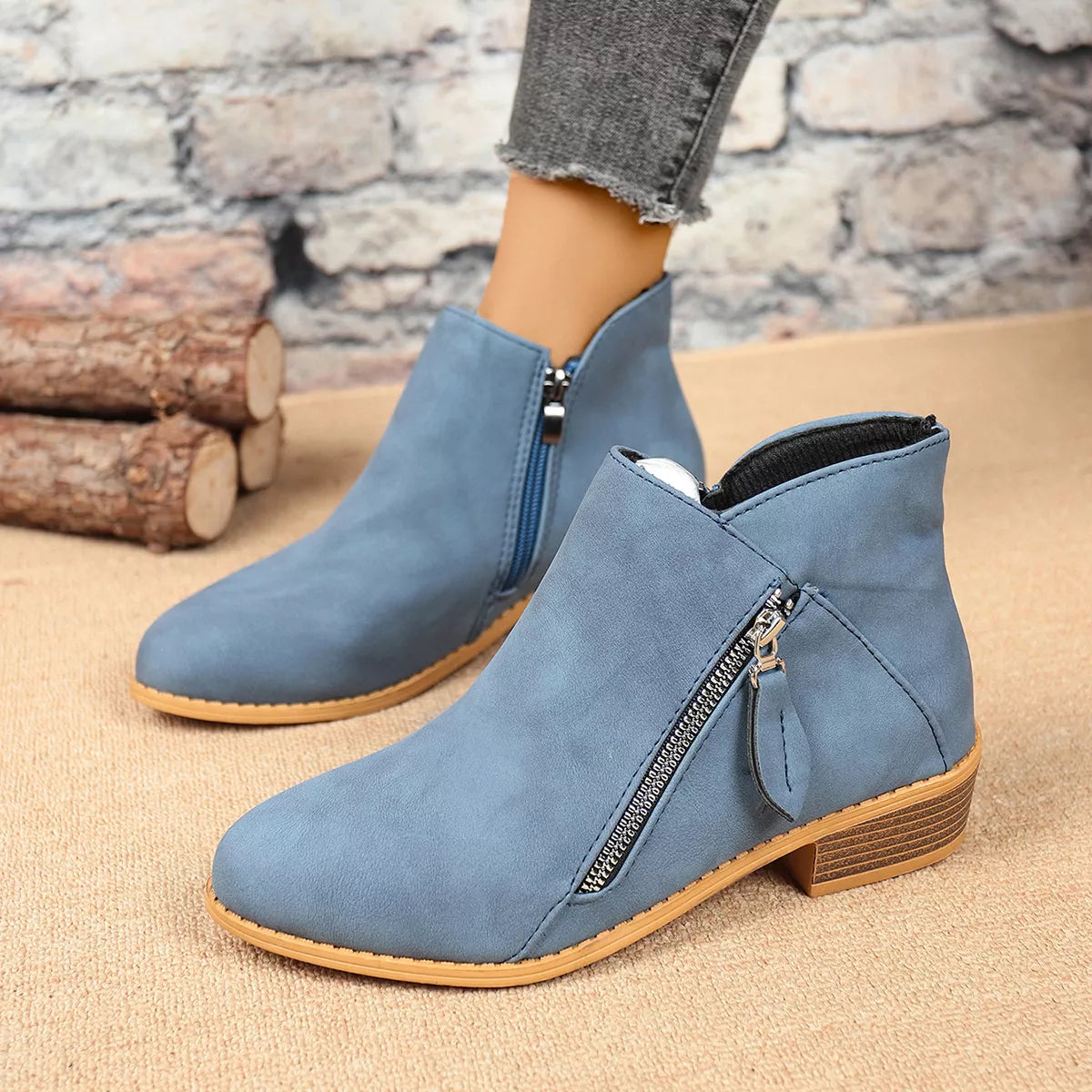 Side zip block heel boots shaft detail