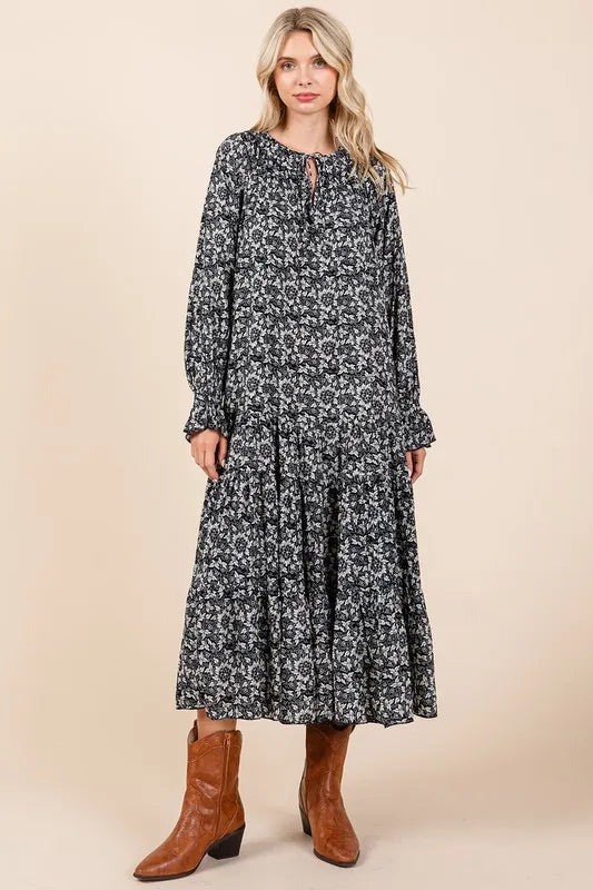 Printed Tie Neck Flounce Sleeve Midi Dress side view