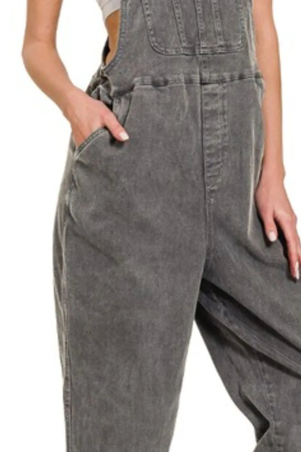 Ash black relaxed fit overalls side and pocket detail