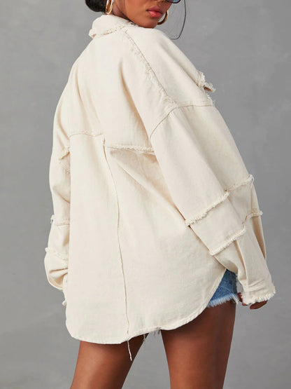 Button Down Raw Hem Denim Jacket - Fashorio