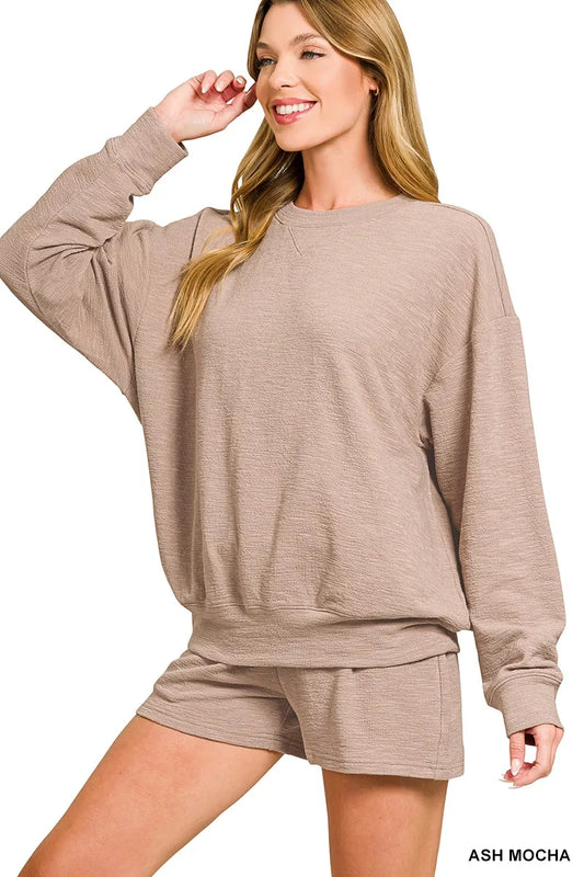 Zenana Slub Long Sleeve Top and Shorts Set ASH MOCHA - Fashorio