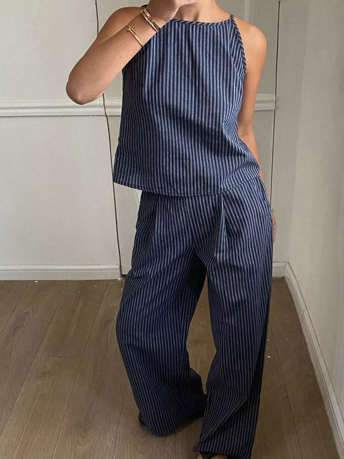 Striped sleeveless top and wide leg pants matching set
