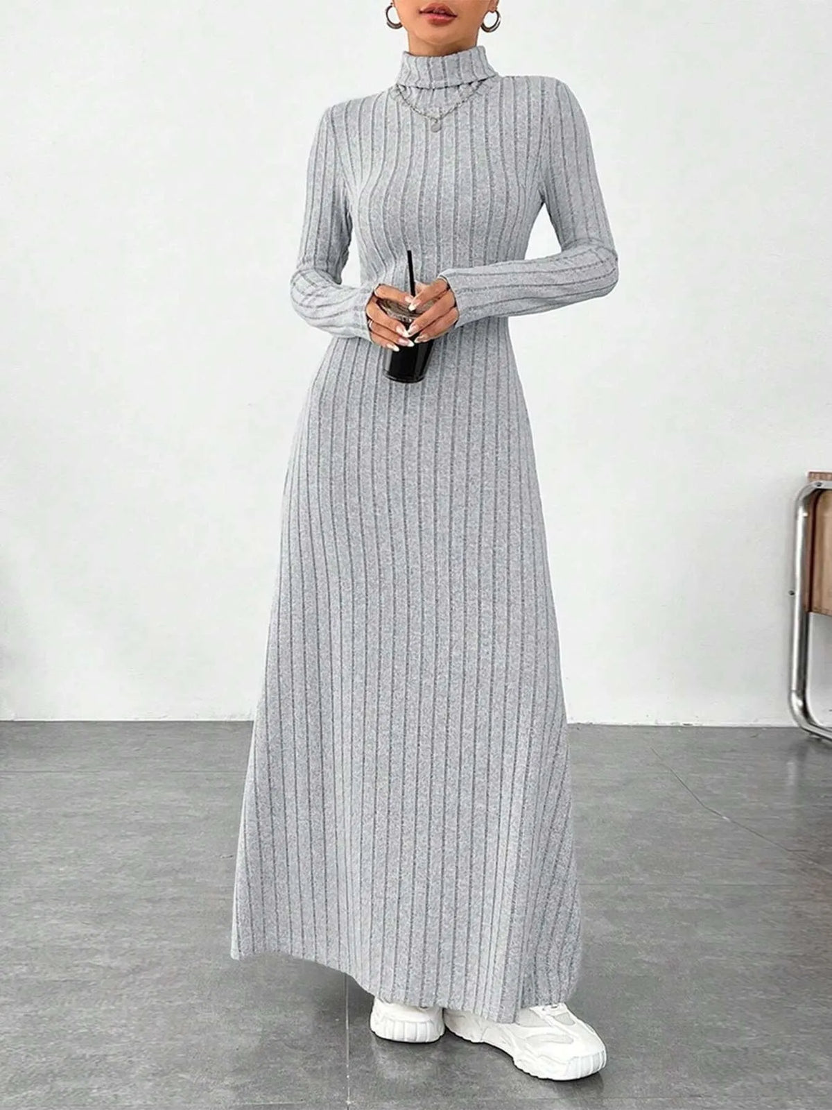 Gray Ribbed turtleneck maxi sweater dress, back view