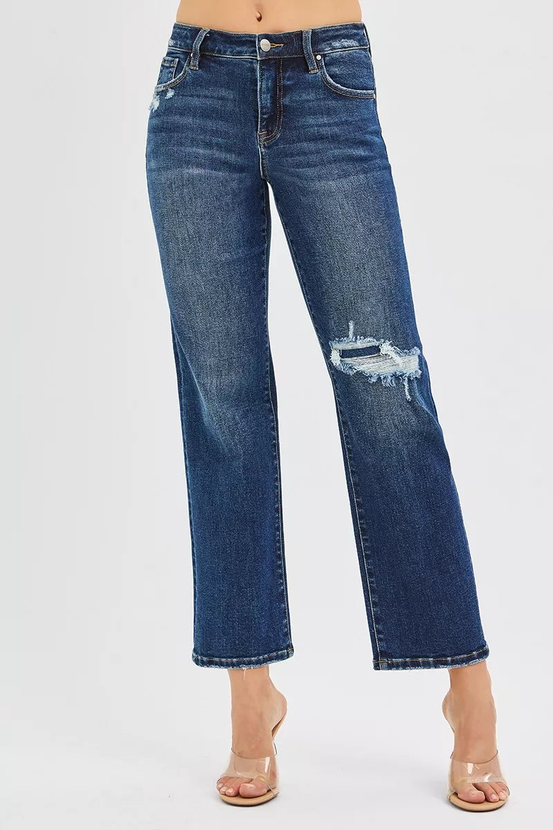 Dark wash slim straight jeans side profile