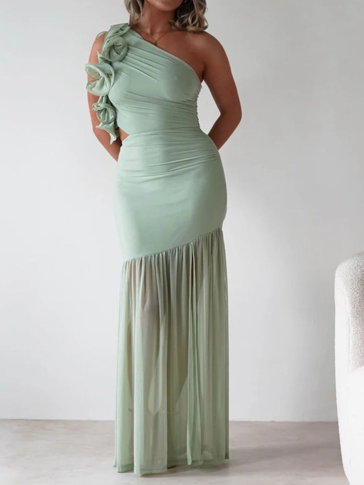 one shoulder ruffle trim maxi dress three quarter view