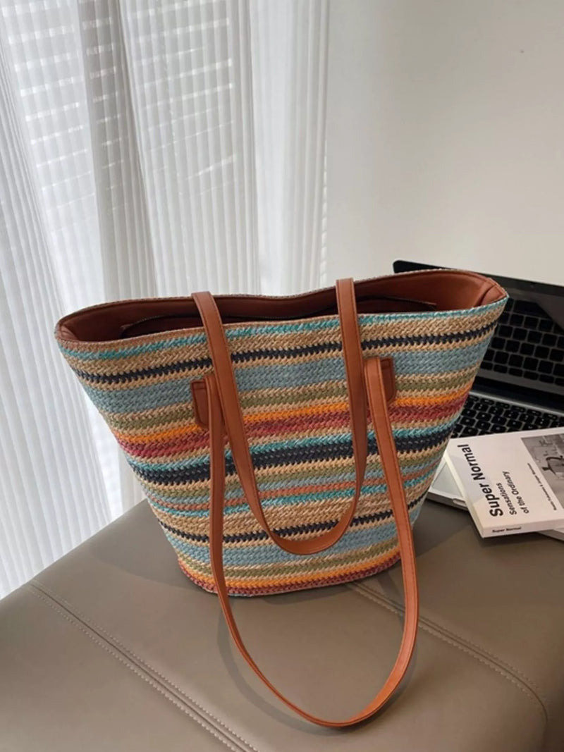 Striped woven straw shoulder bag front view