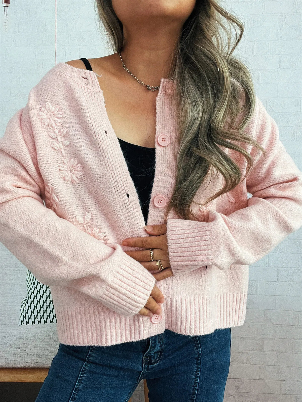floral embroidered button up ribbed cardigan hem detail