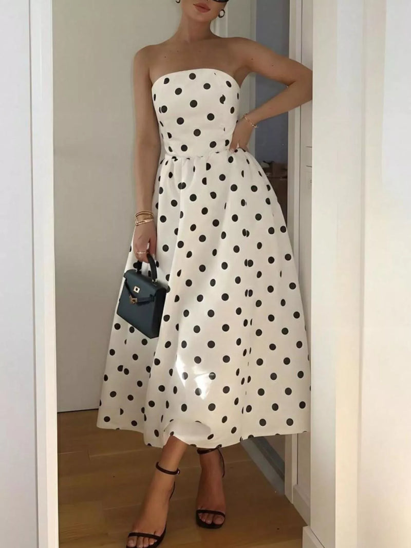 Cream polka dot strapless midi dress, front view