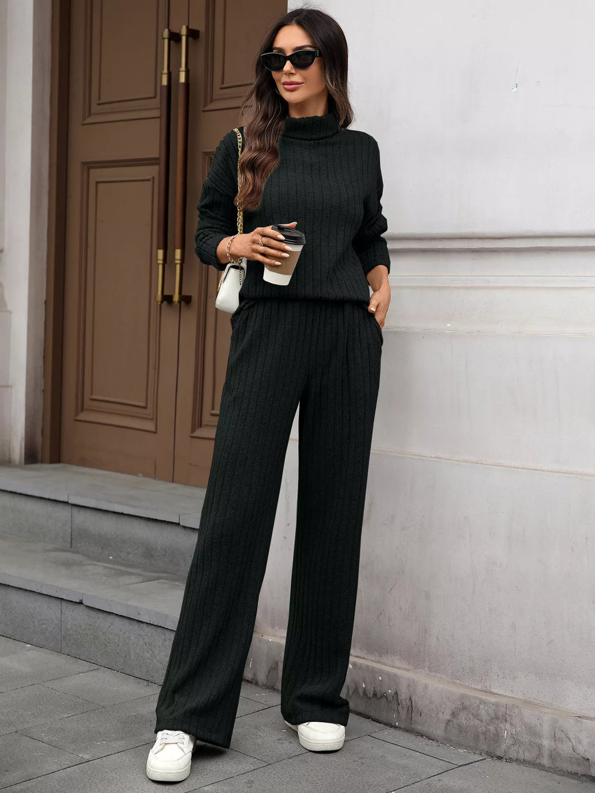 Ribbed turtleneck top and pants set hem detail view