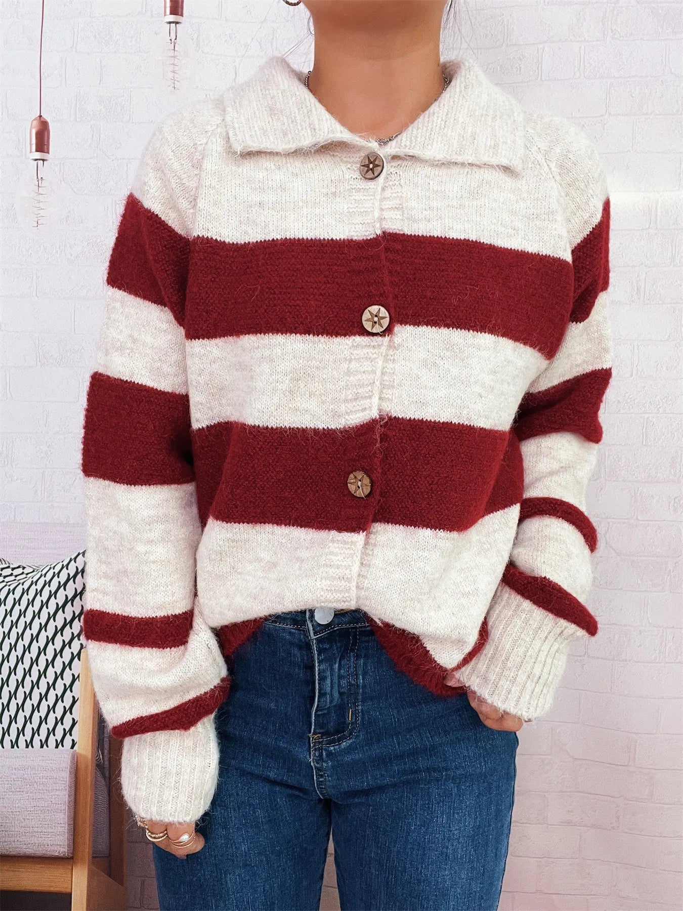 Striped Button-Up Cozy Cardigan - Fashorio
