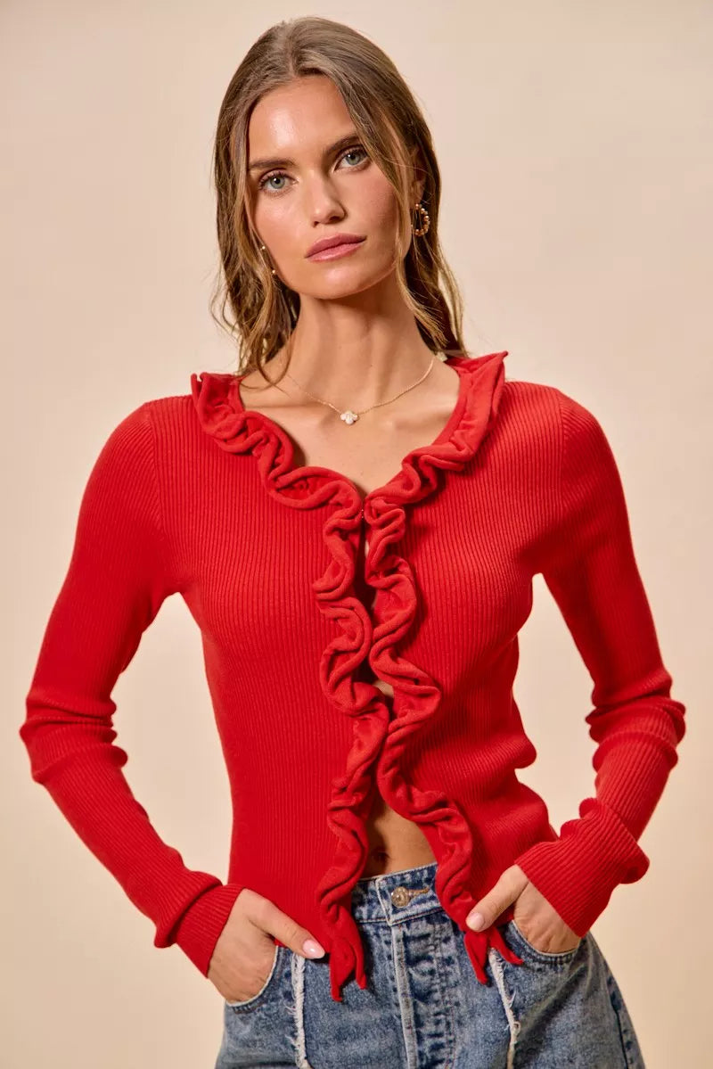Cascade Ruffle Ribbed Knit Sweater Cardigan, view 7
