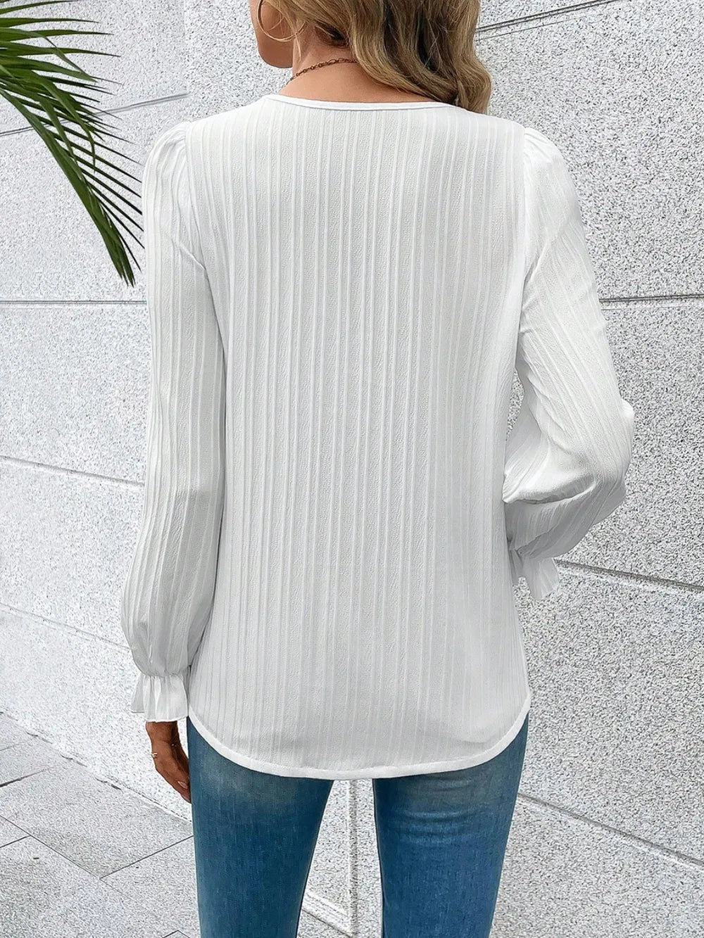 V-Neck Lace Detail Flounce Sleeve Blouse - Fashorio