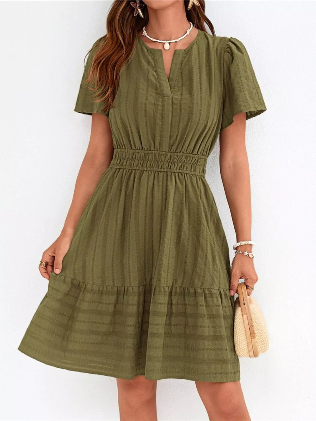 Short sleeve smocked waist tiered midi dress full length view