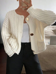 Button-Front Knit Cardigan with Pockets Ivory - Fashorio