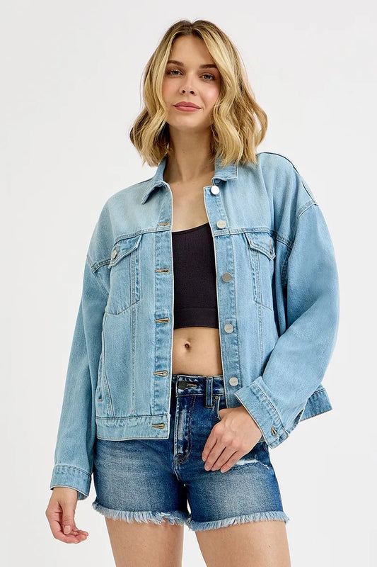 RISEN Washed Dropped Shoulder Denim Jacket LIGHT - Fashorio