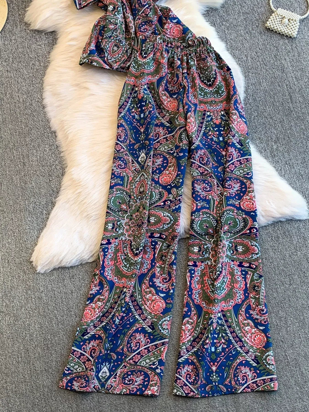 Printed cami and pants outfit view