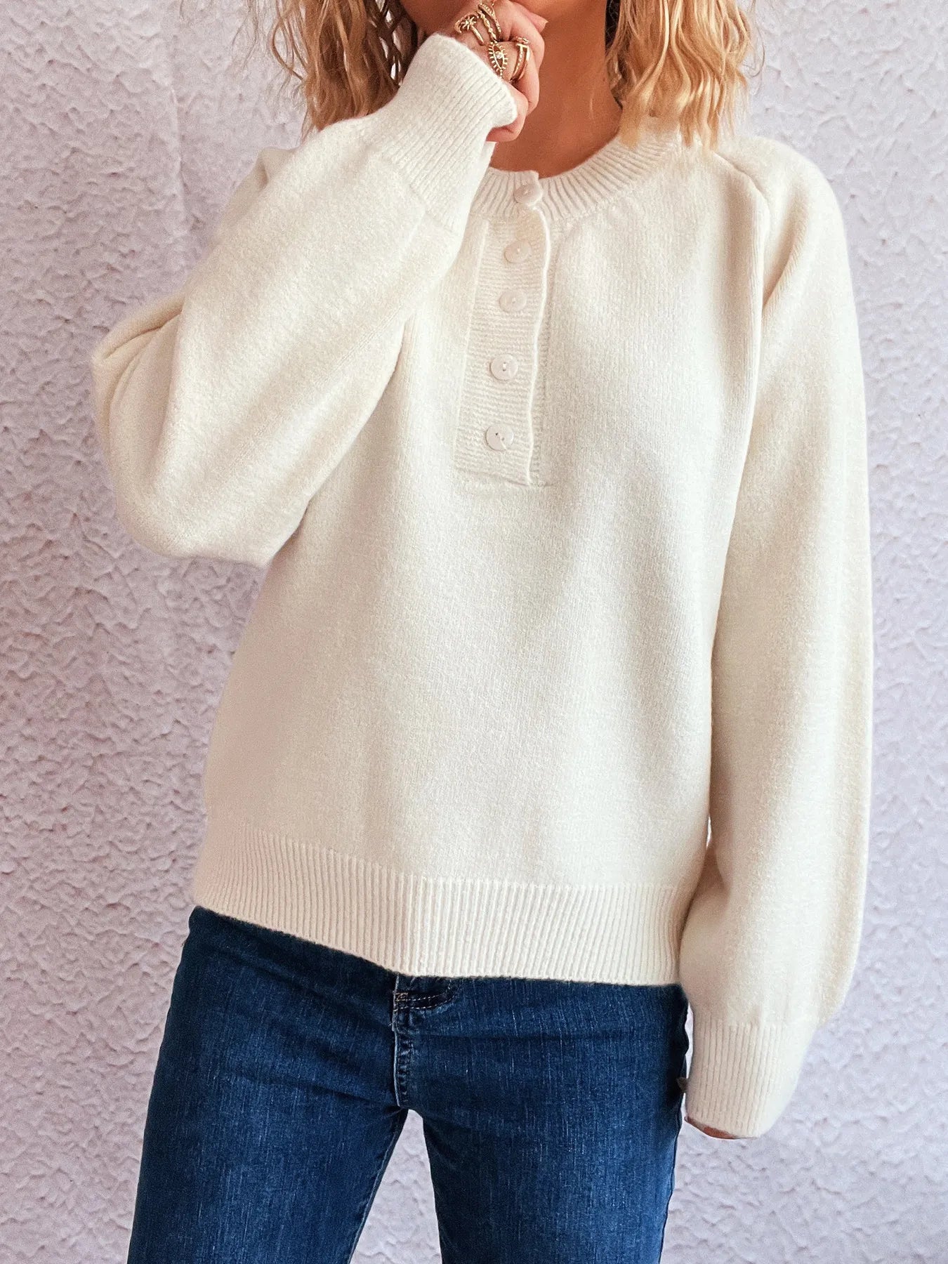 Button-Front Long Sleeve Sweater - Fashorio