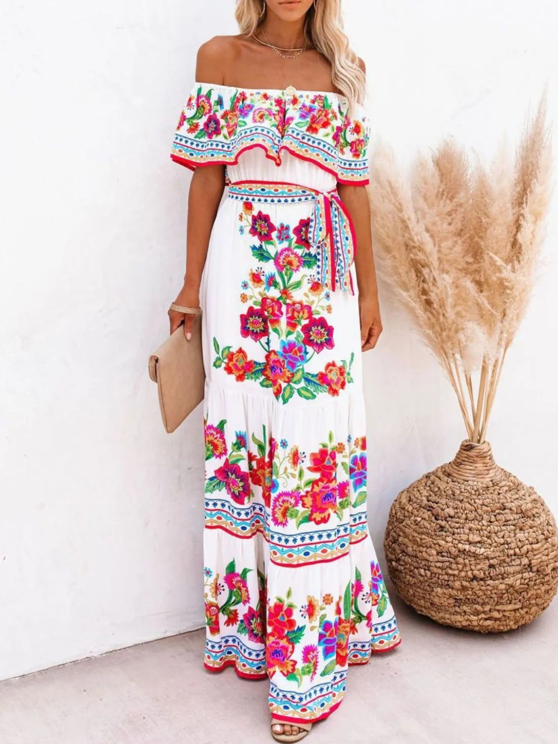 Floral off shoulder ruffle maxi dress styled view