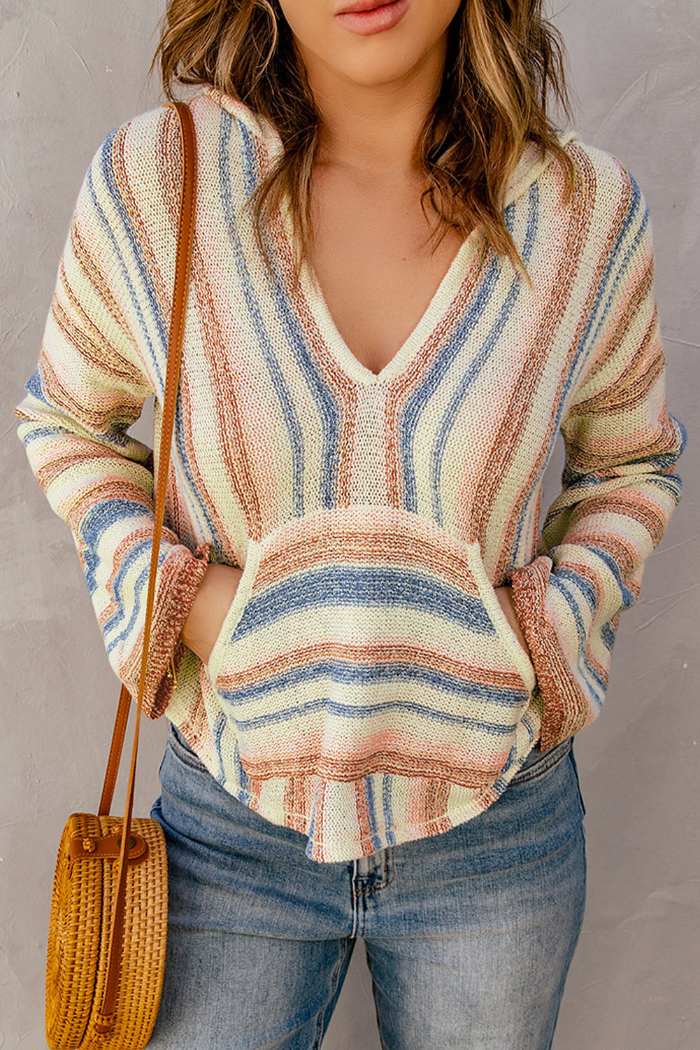 Striped Hooded Sweater with Kangaroo Pocket - Fashorio