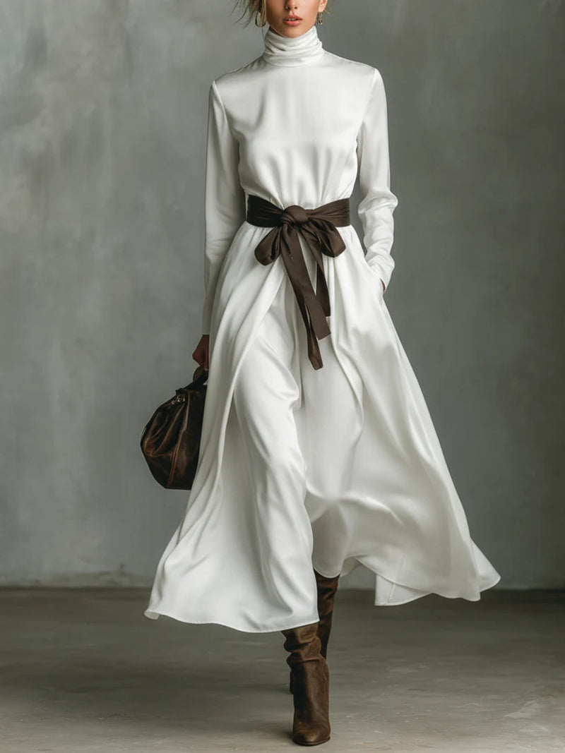 White turtleneck tie waist dress front view